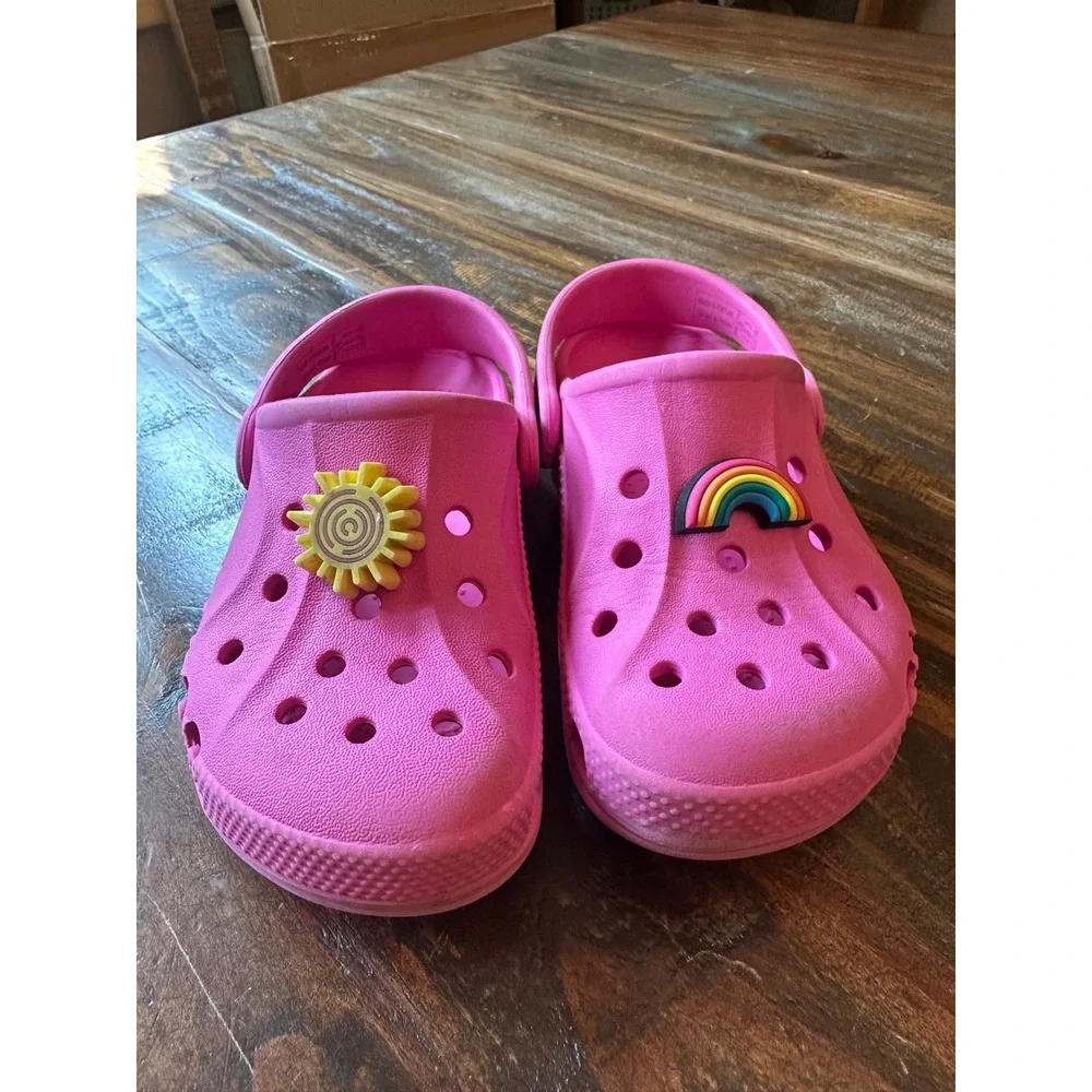 Crocs Baya Clog Kids Electric Pink Rainbow Sun Jibbitz Slip On Shoes C10 Toddler